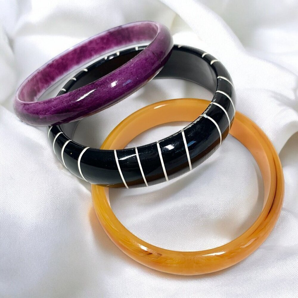 Chunky Resin Bangle Set of Three 1990s Boho Tribal Orange Black White Purple